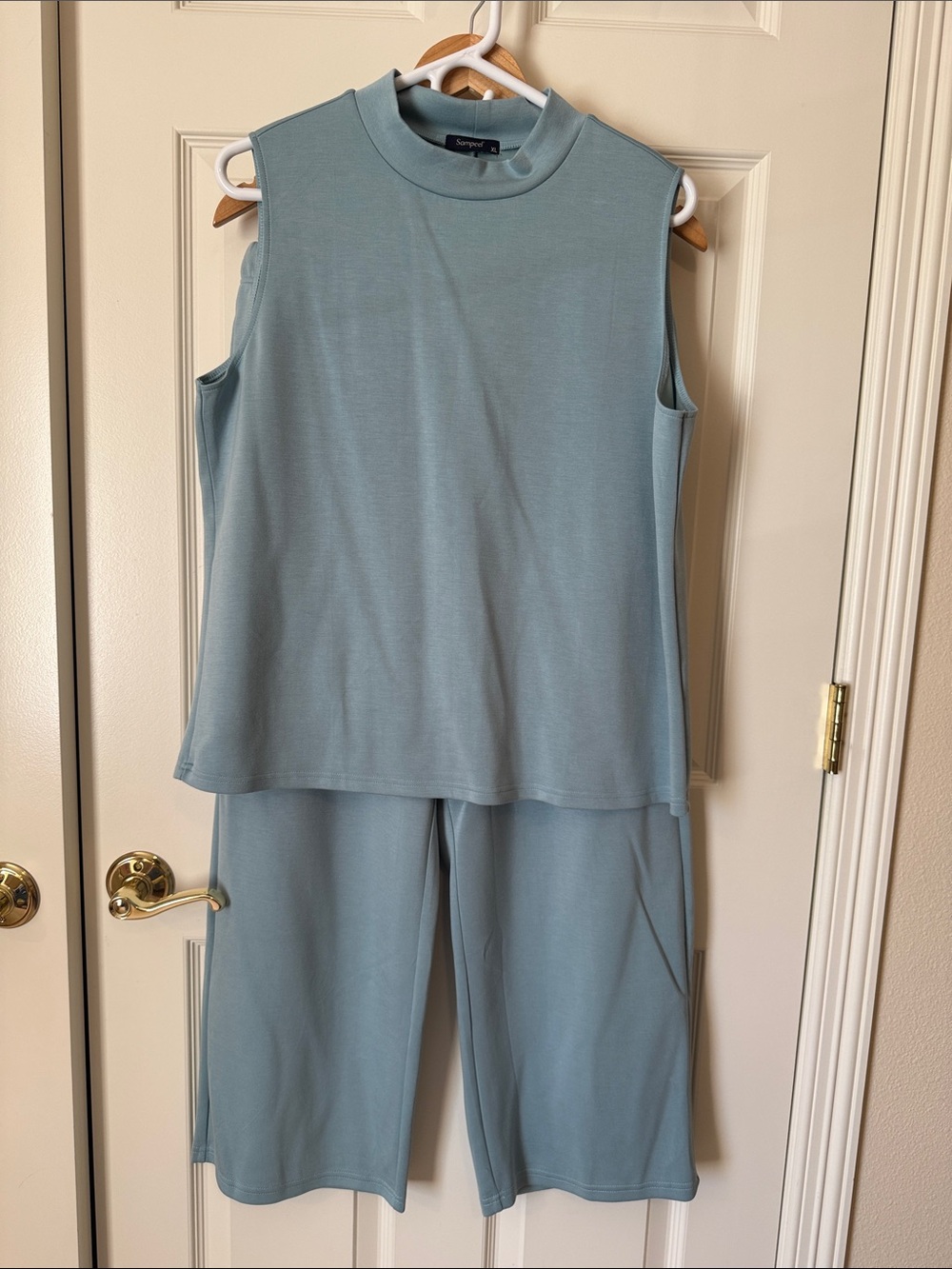 Sampeel Sleeveless Mock Neck Top & Wide Leg Pants Set - Sage blue/green, size XL